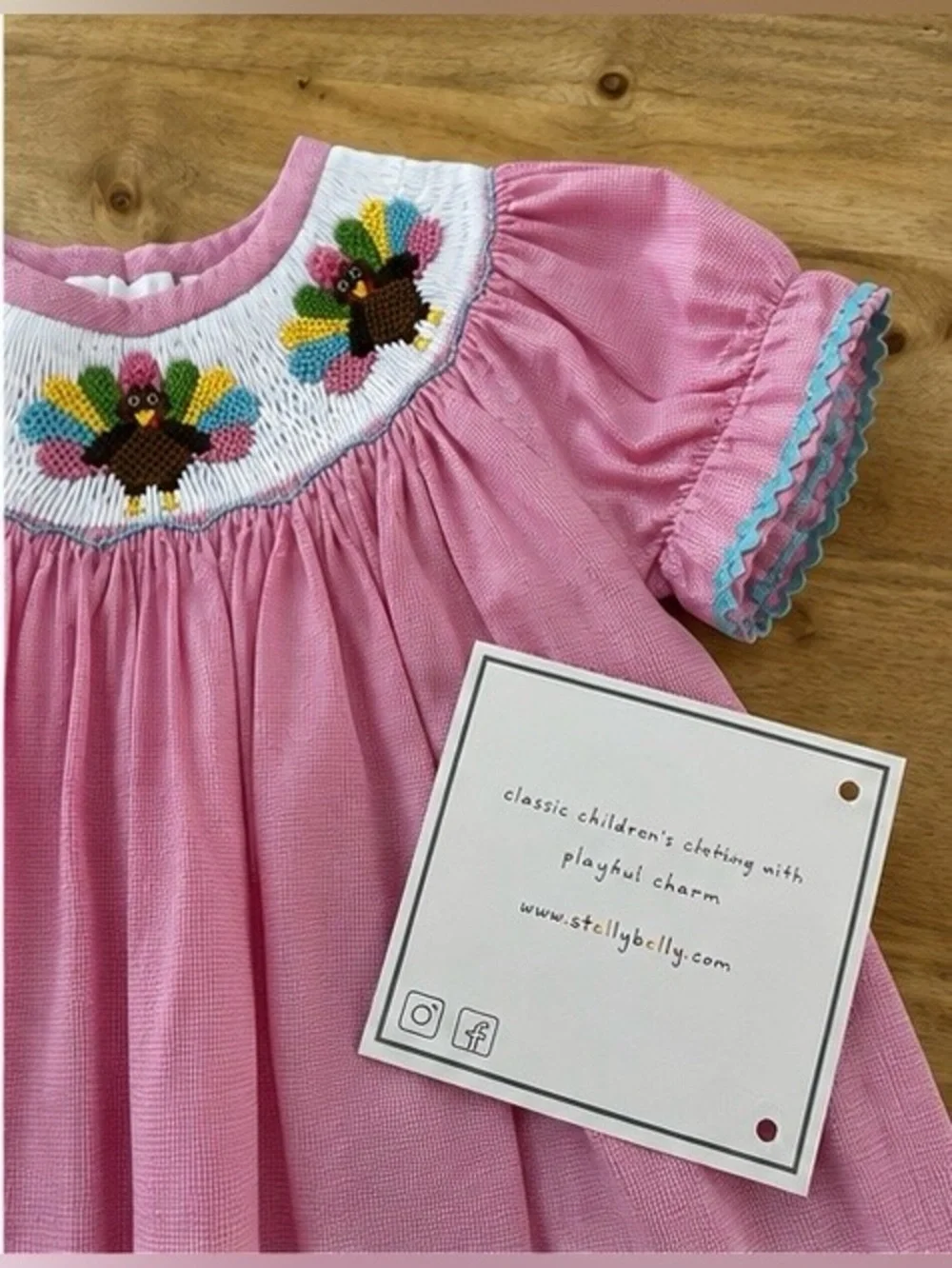 NWT Stellybelly Pink Turkey Bishop Dress 18M Hand Smocked Thanksgiving Boutique